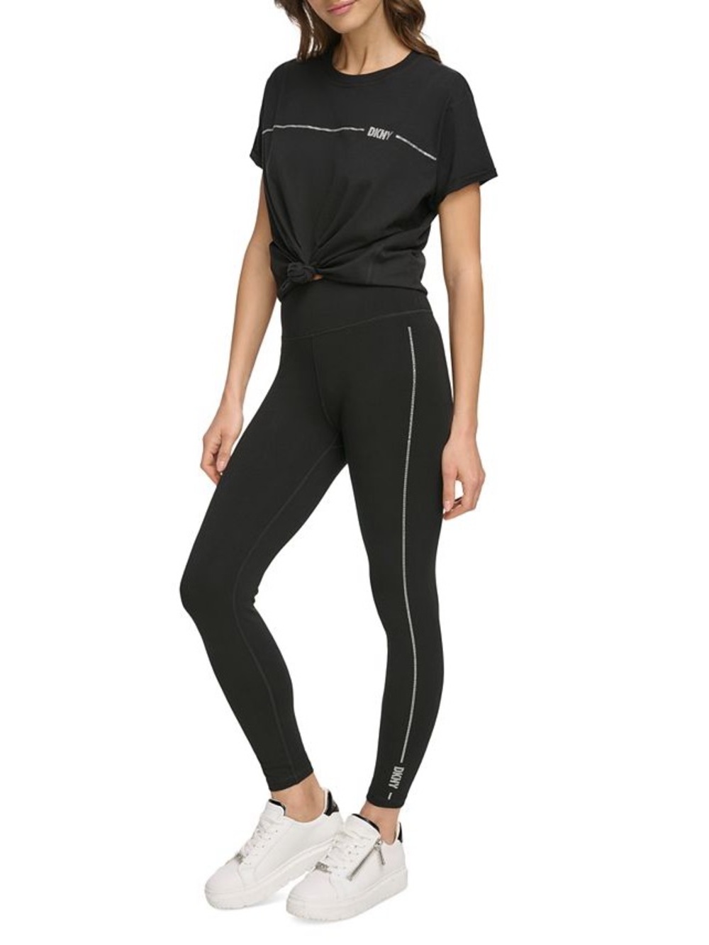 DKNY Black High-Waist Performance Leggings and T-Shirt Set Outfit Rhinestones